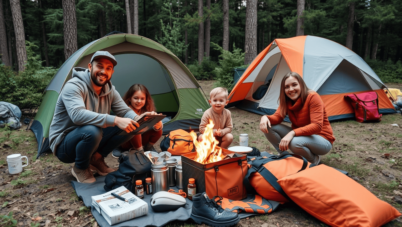 A happy family completing their campsite setup with all essential gear organized