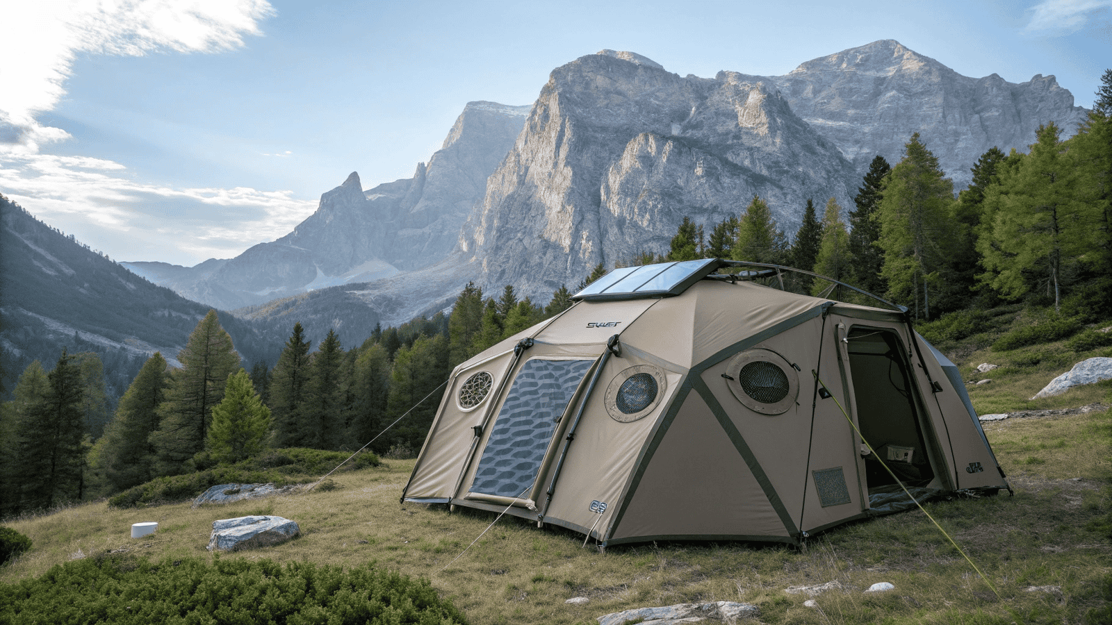 A high-tech tent in mountain terrain with visible climate control vents and weather sensors