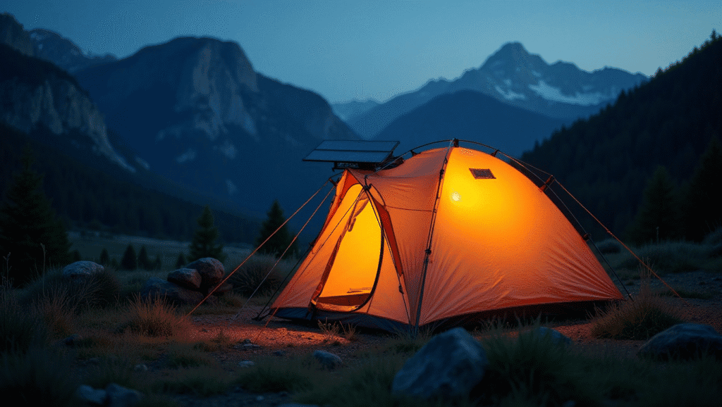 A high-tech tent with solar panels and LED lighting in a scenic campsite