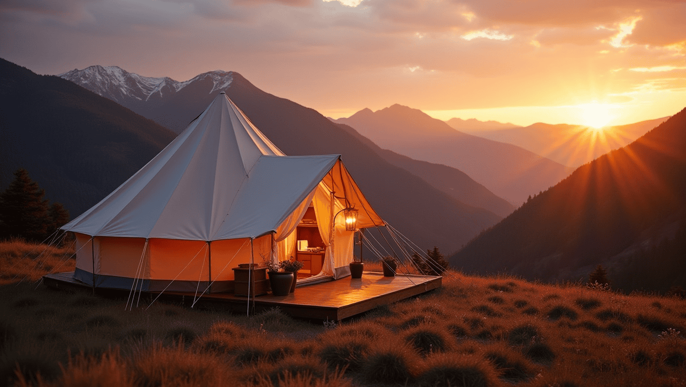 A luxurious glamping tent set against a scenic mountain backdrop at sunset