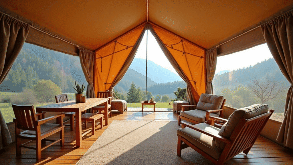 Una lujosa tienda de glamping con terraza de madera y ventanas panorámicas con vistas a la montaña