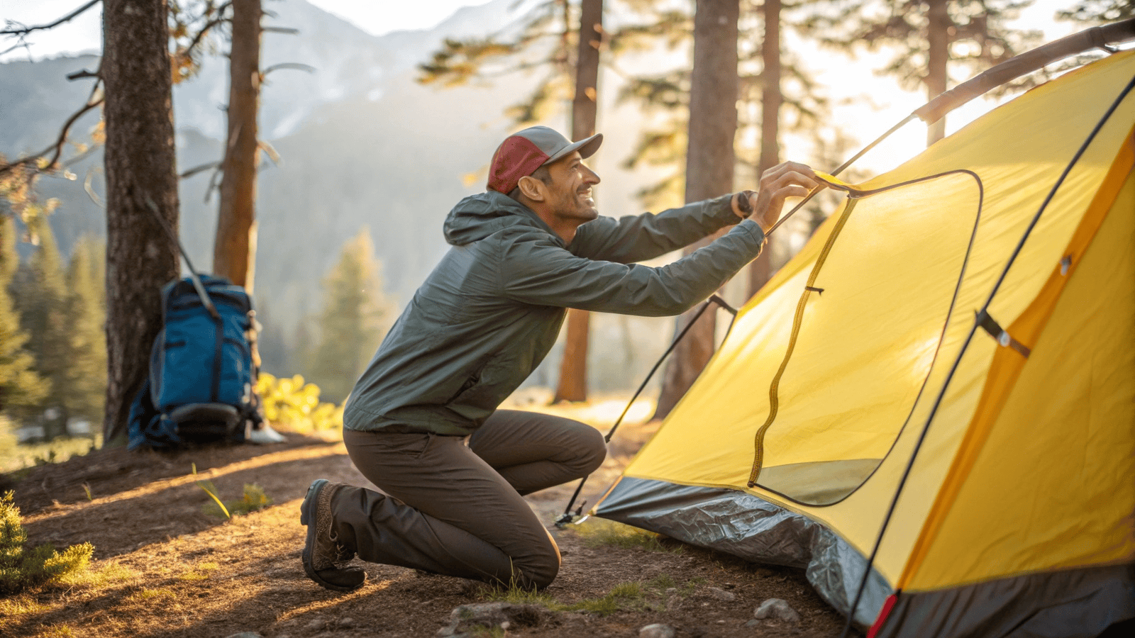 A smiling camper assembling an easy setup tent in under 5 minutes