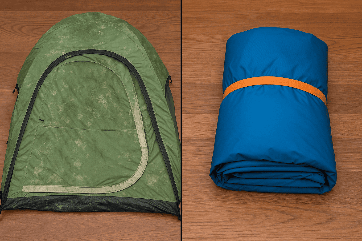 Comparison photo showing tent damage from improper storage vs. well-maintained tent
