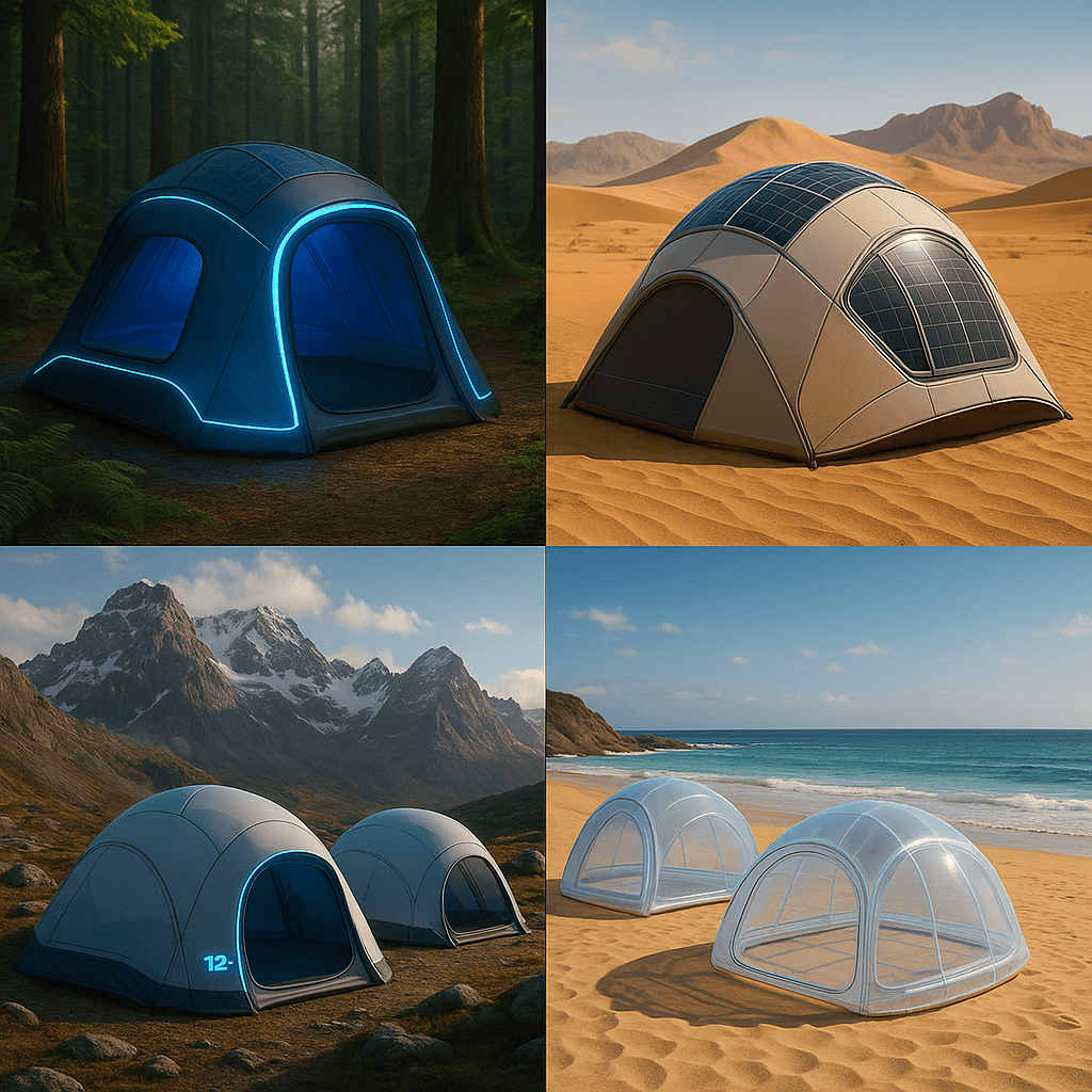 Futuristic campsite concept with multiple advanced smart tents in various environments
