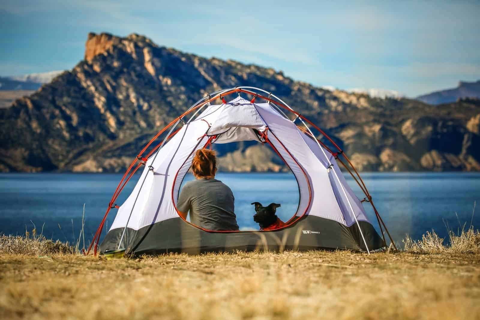 In a solo camping tent, sitting with a dag