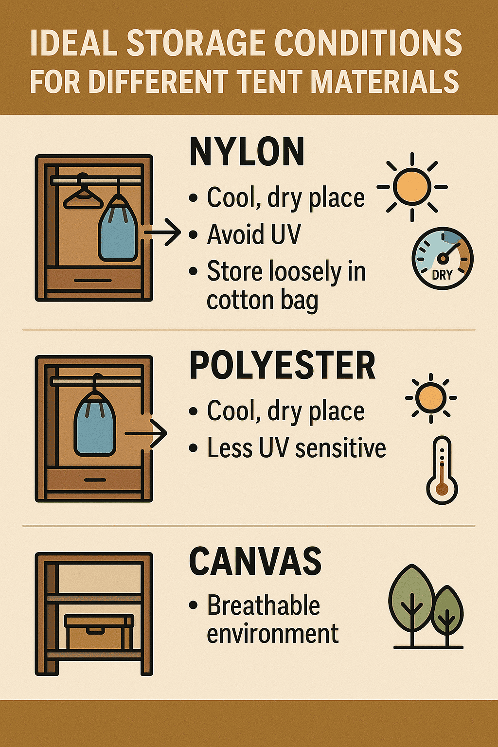 Infographic showing ideal storage conditions for different tent materials