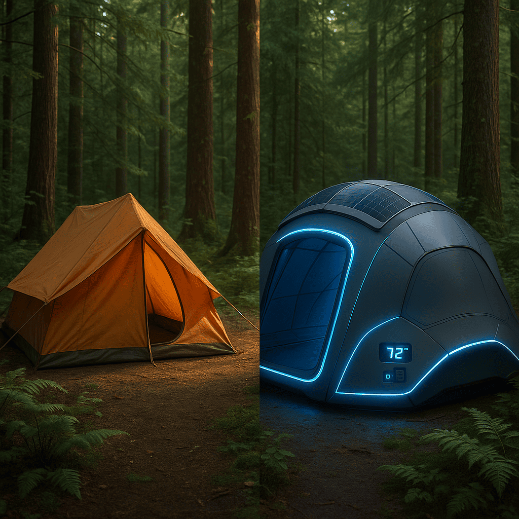 Side-by-side comparison of traditional vs. smart tent setups in a forest setting