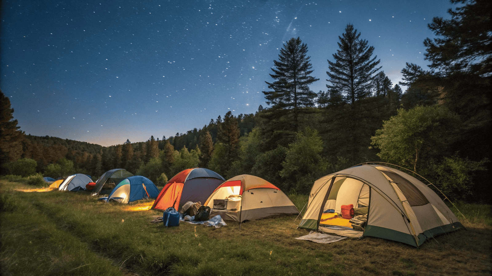 Side-by-side comparison shots of all five tents set up at a campsite