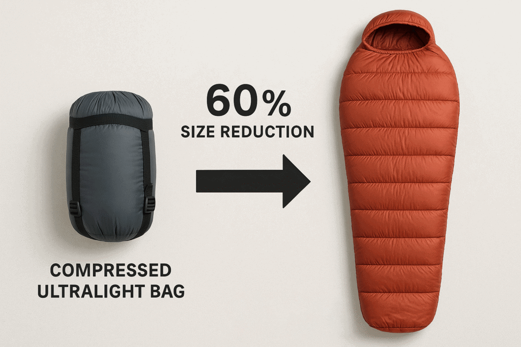 comparison showing a compressed ultralight bag next to a traditional sleeping bag, demonstrating the 60% size reduction