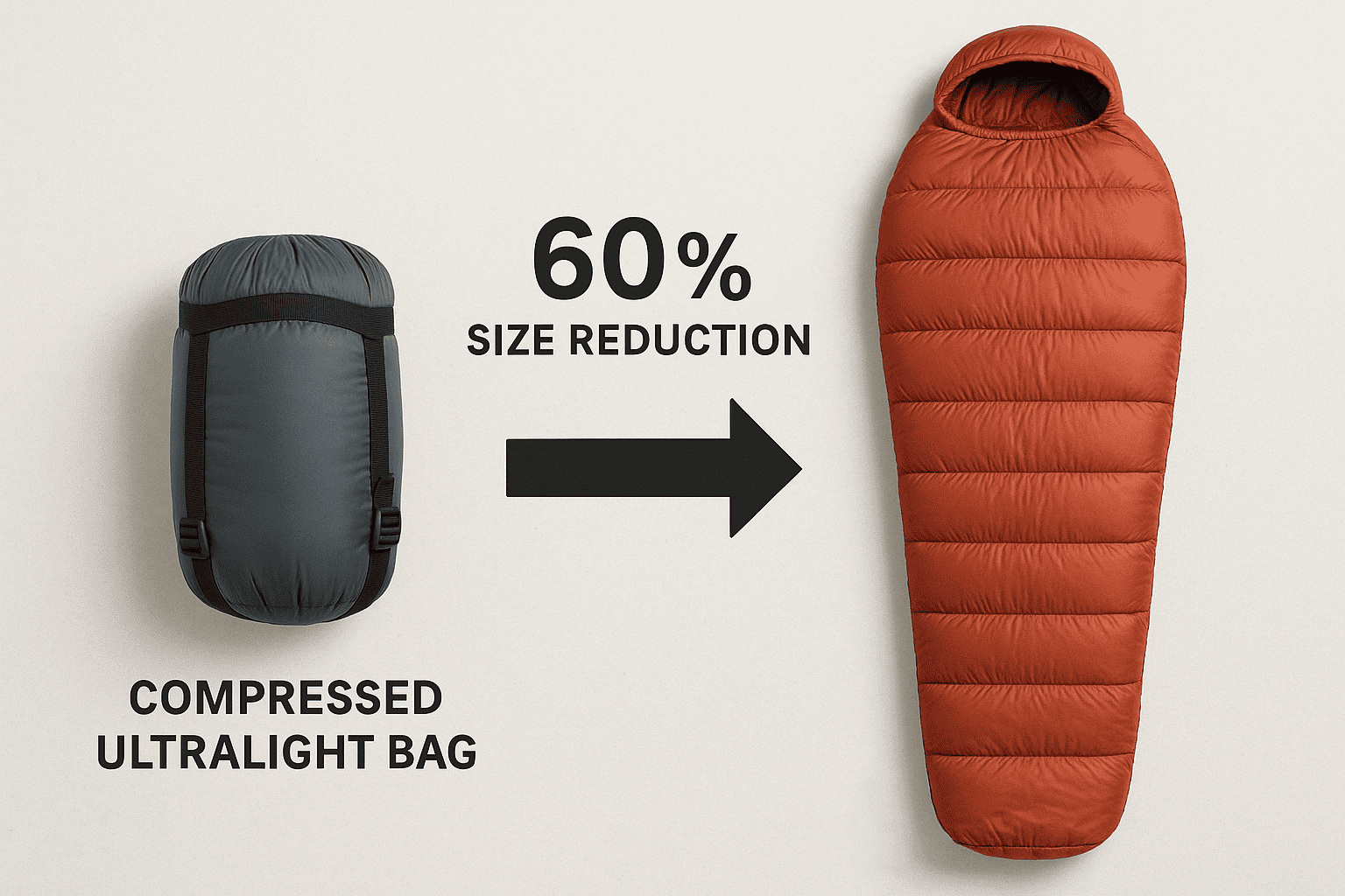 comparison showing a compressed ultralight bag next to a traditional sleeping bag, demonstrating the 60% size reduction