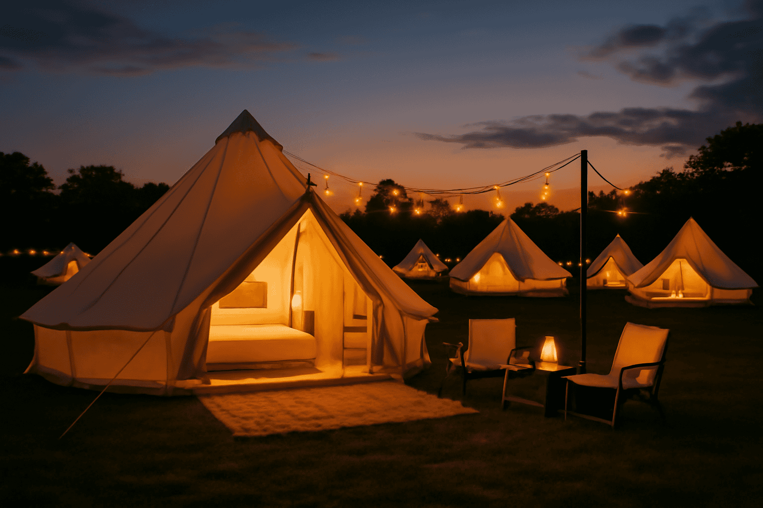 A beautifully arranged glamping site at dusk, showing multiple tents with warm lighting and comfortable furnishings