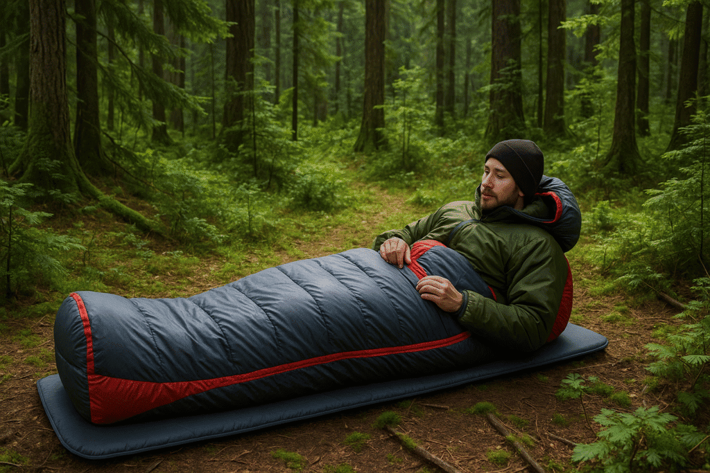 A camper testing a 3-season sleeping bag in a forest setting