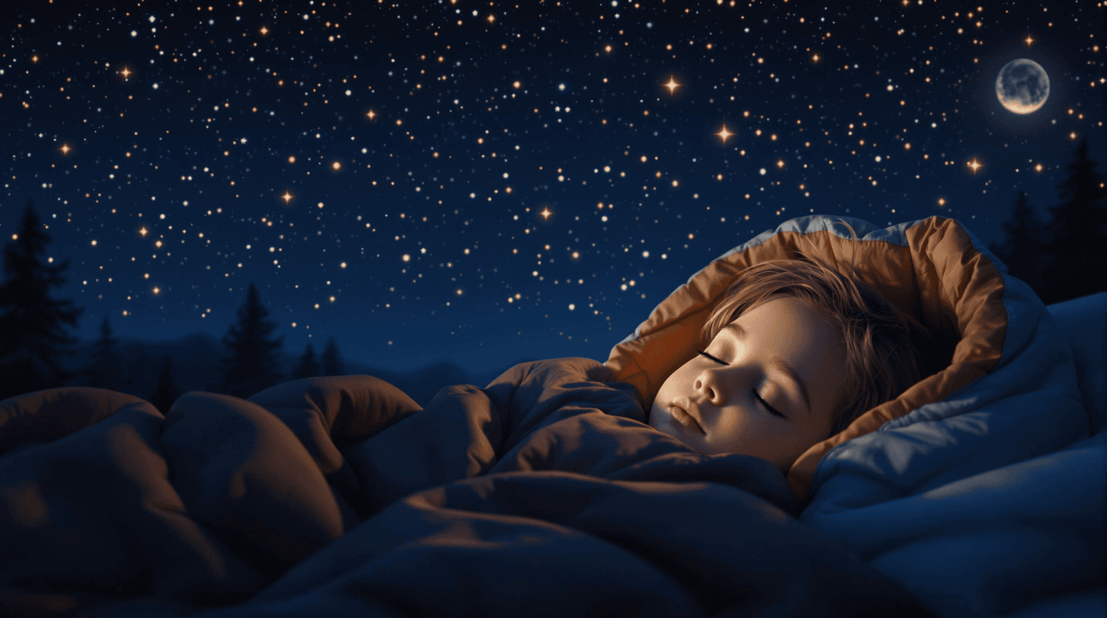 A child comfortably sleeping in a 3-season sleeping bag under a starry camping sky