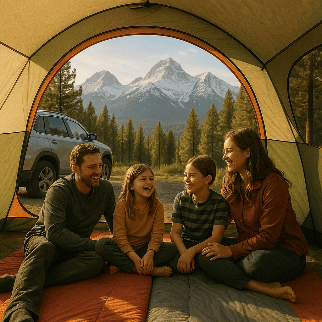 A family enjoying a spacious car camping tent with mountains in the background.