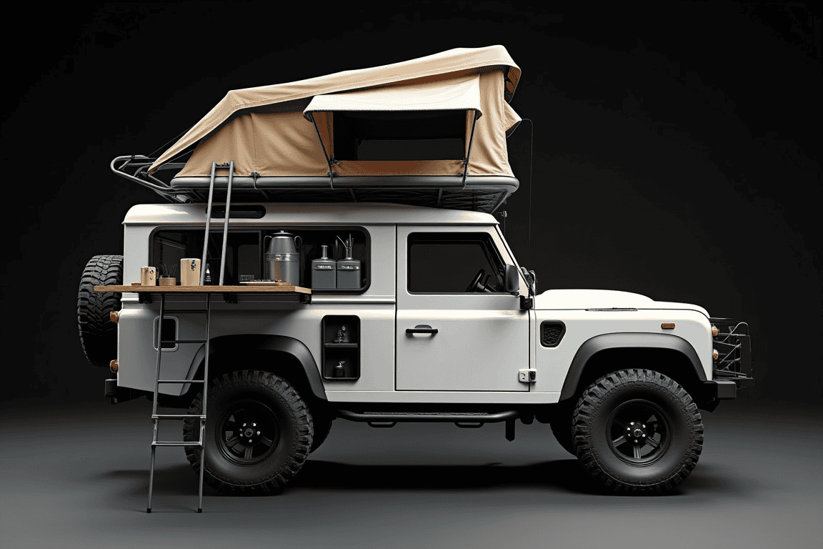 A fully accessorized rooftop tent setup showing various comfort and convenience additions