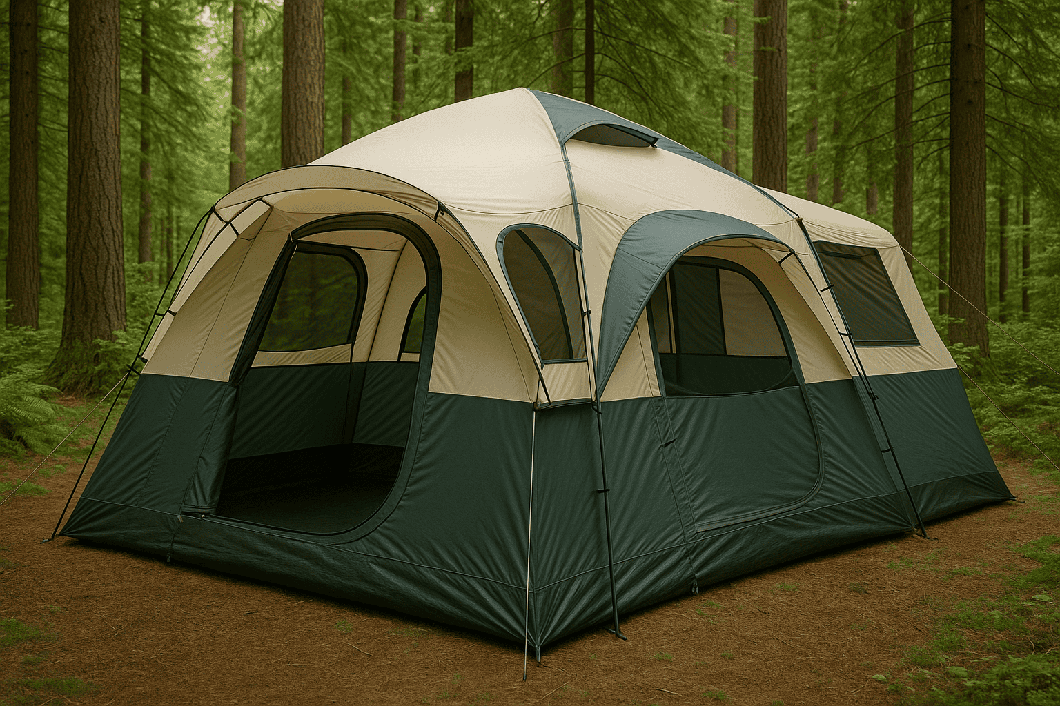 A premium car camping tent with multiple rooms and ventilation features in a forest setting.