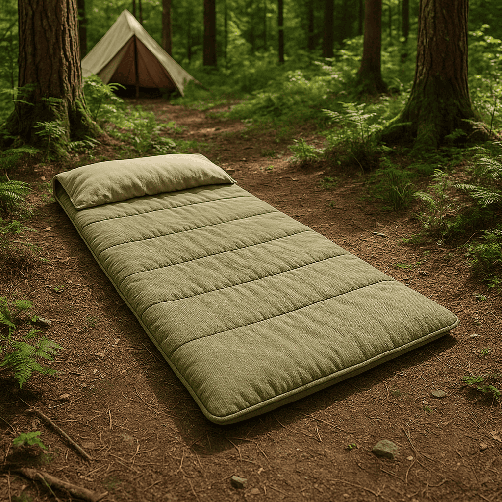 A rectangular eco sleeping bag unrolled in a forest campsite, showcasing its spacious design and sustainable materials.