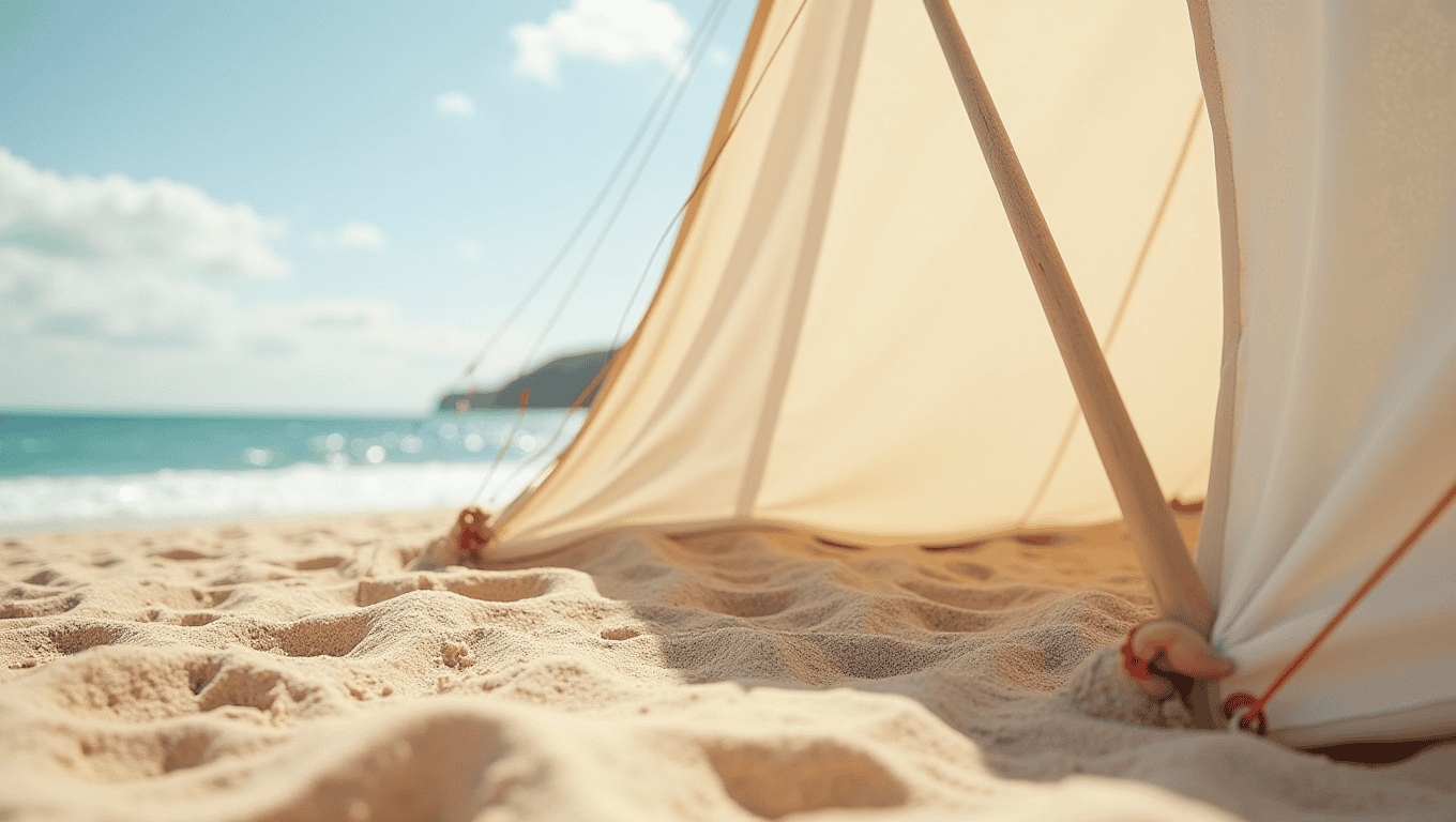 A securely anchored beach tent standing firm in strong winds, with sand anchors visible in the foreground
