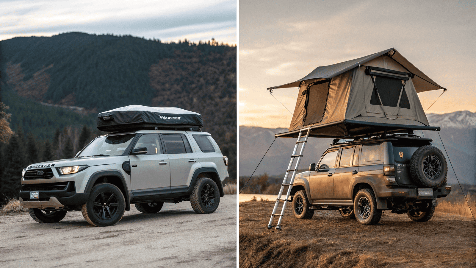A side-by-side comparison of hard-shell and soft-shell rooftop tents on different vehicles