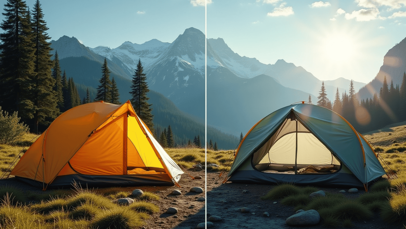 A side-by-side comparison of properly vs. poorly assembled quick tents in outdoor conditions