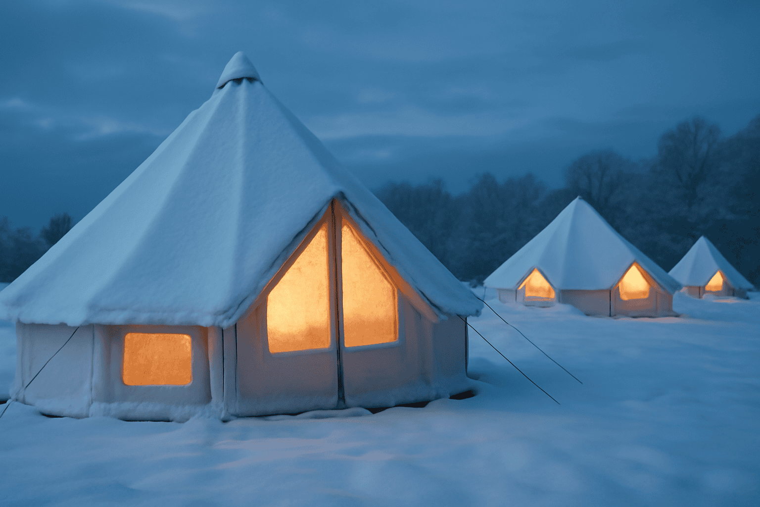 A snow-covered glamping site showcasing winterized tents with warm interior lighting visible through frosted windows, demonstrating successful cold-weather operation.