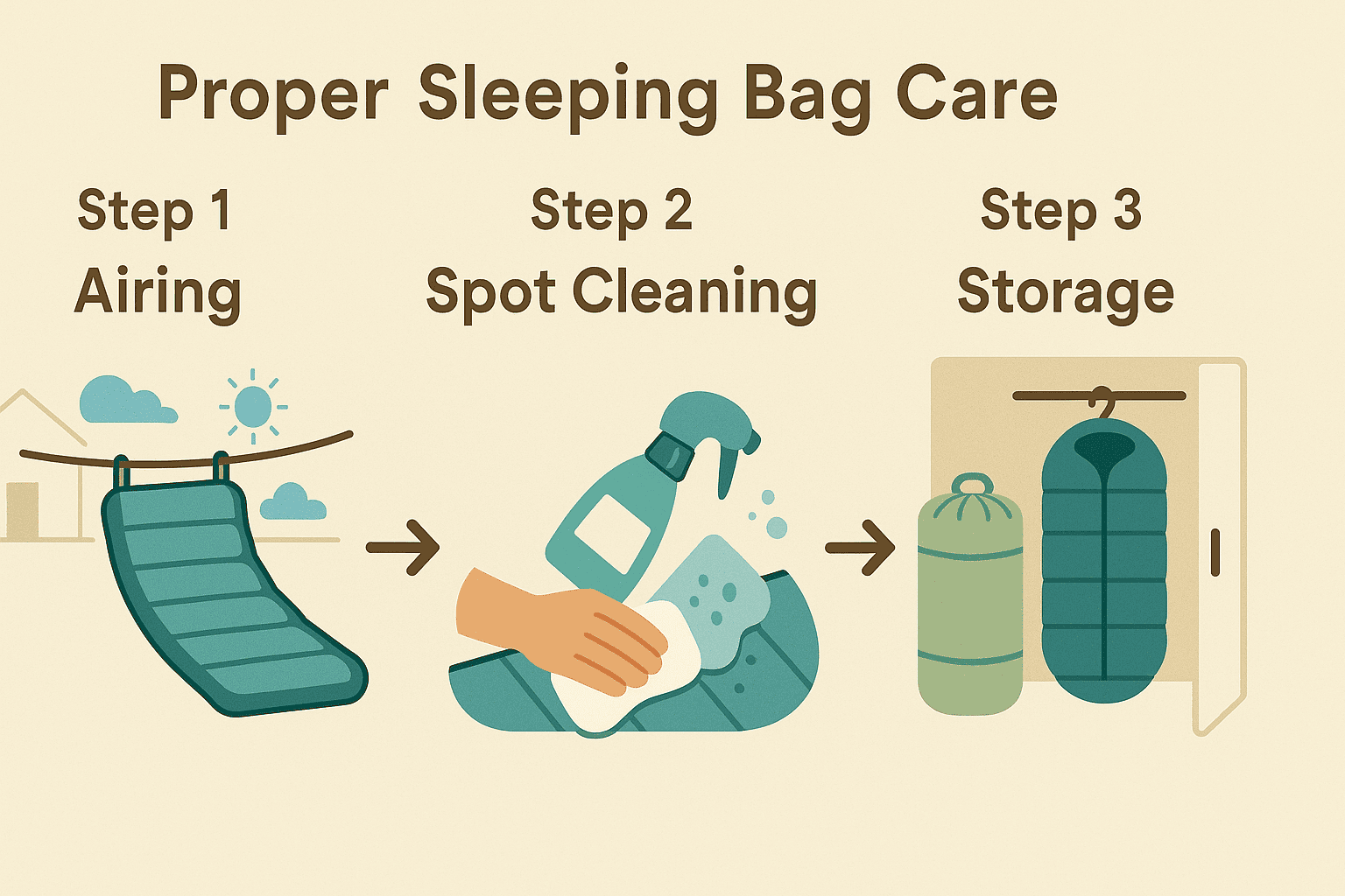 A step by step visual guide showing proper sleeping bag care techniques including airing spot cleaning and storage