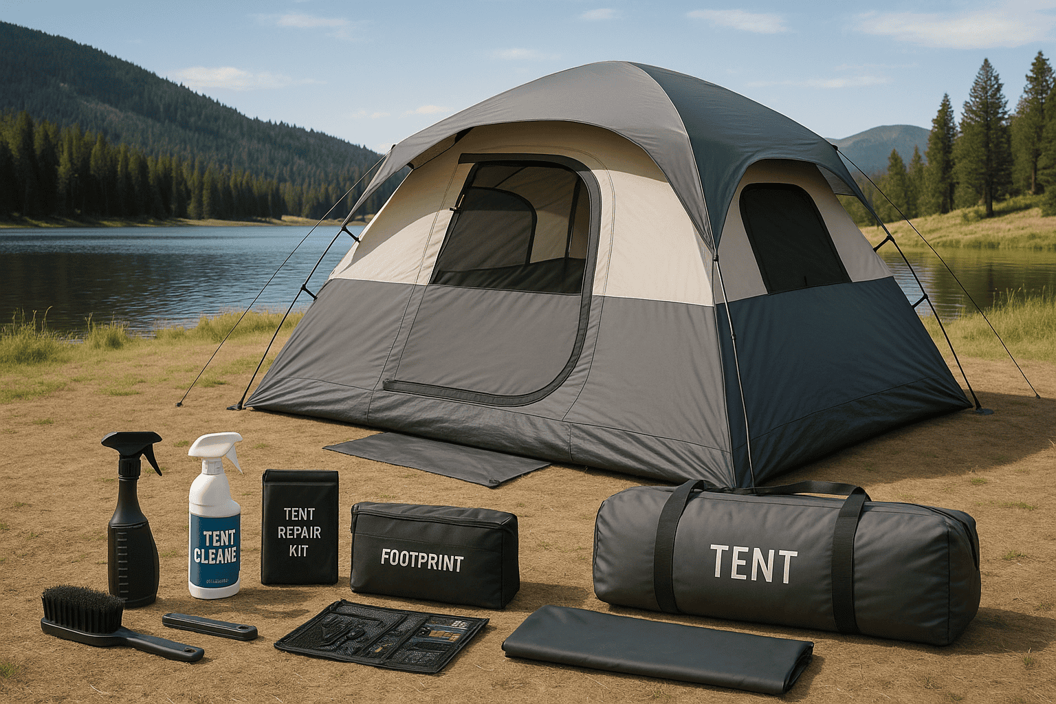 A well-maintained car camping tent set up in a scenic location with various care accessories visible.