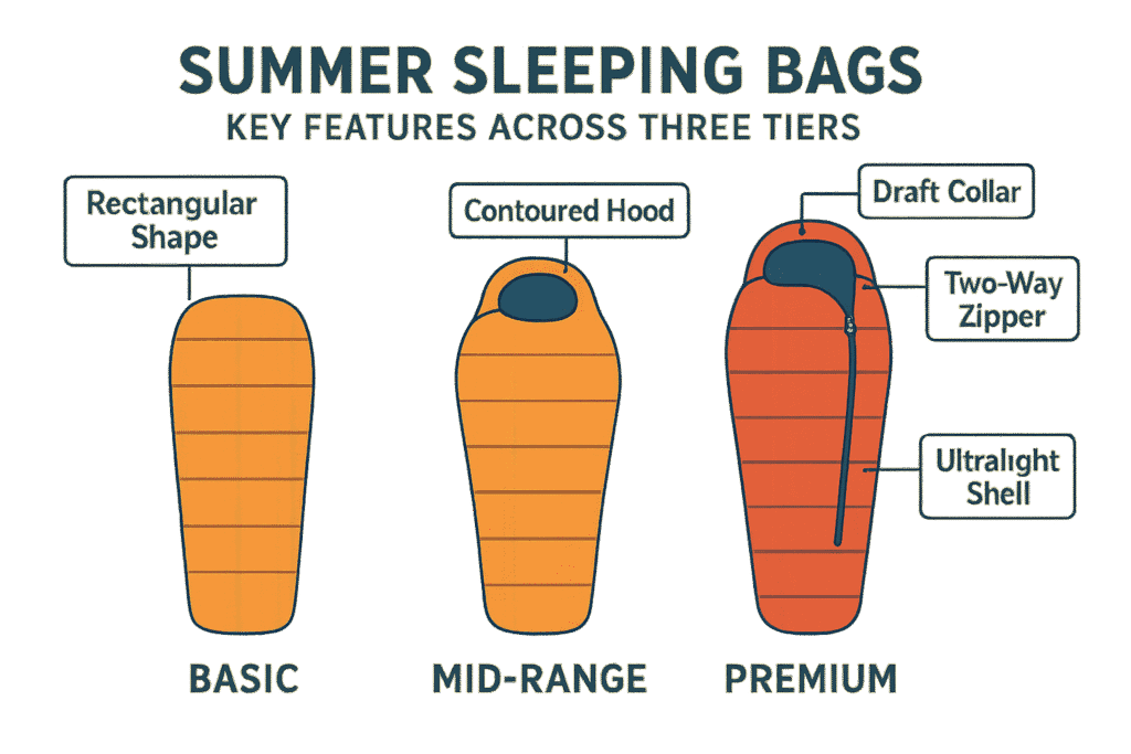 An infographic comparing key features across three tiers of summer sleeping bags with callouts to important design elements.