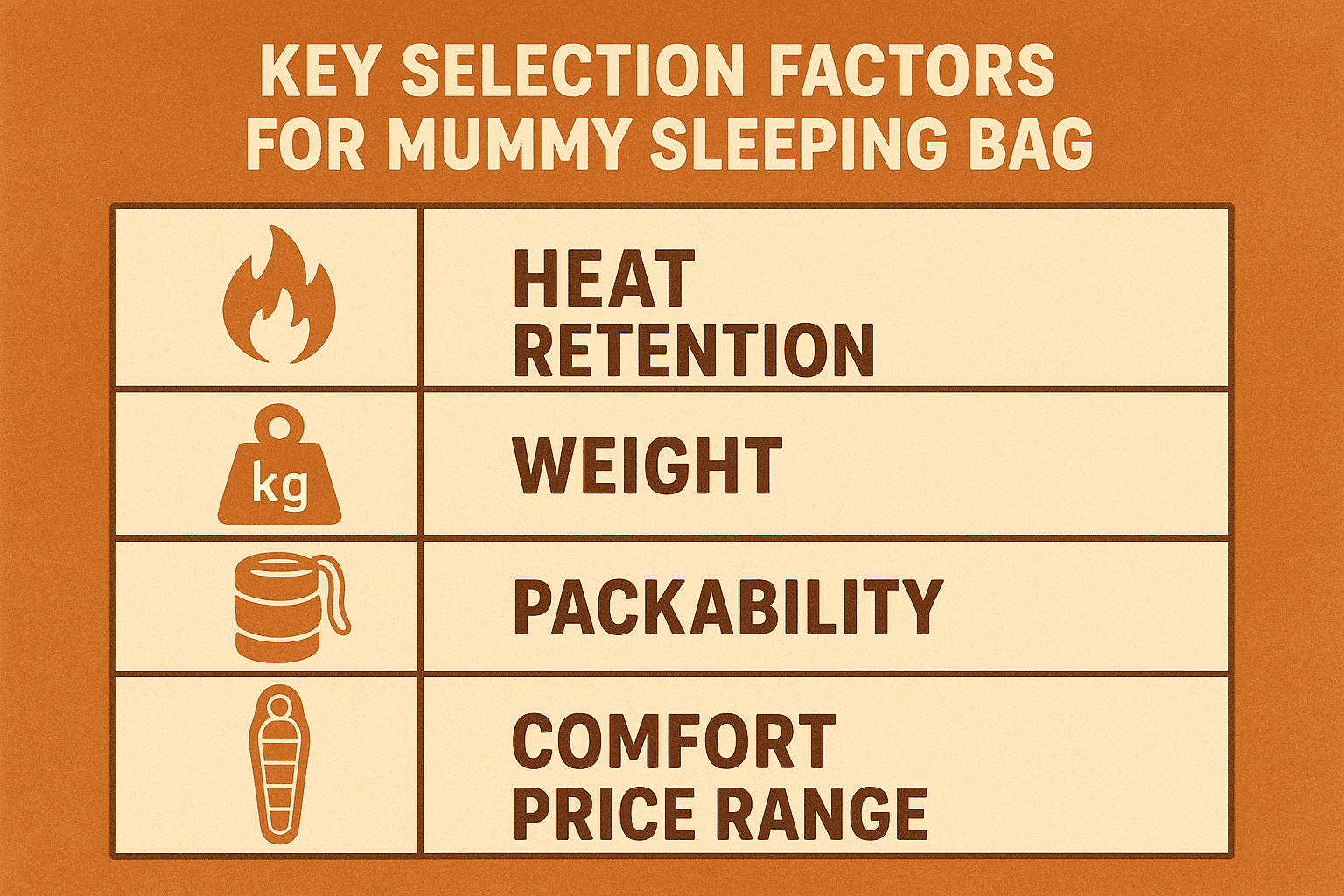 An infographic showing the key selection factors for mummy sleeping bags