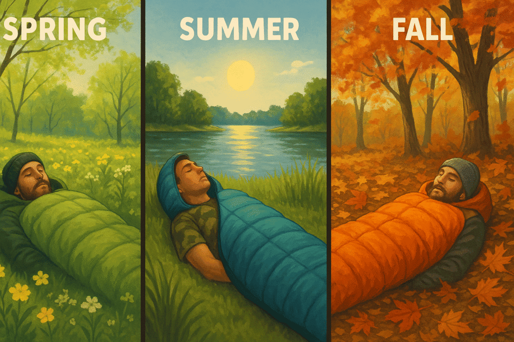 Campers using different sleeping bags across spring, summer, and fall conditions