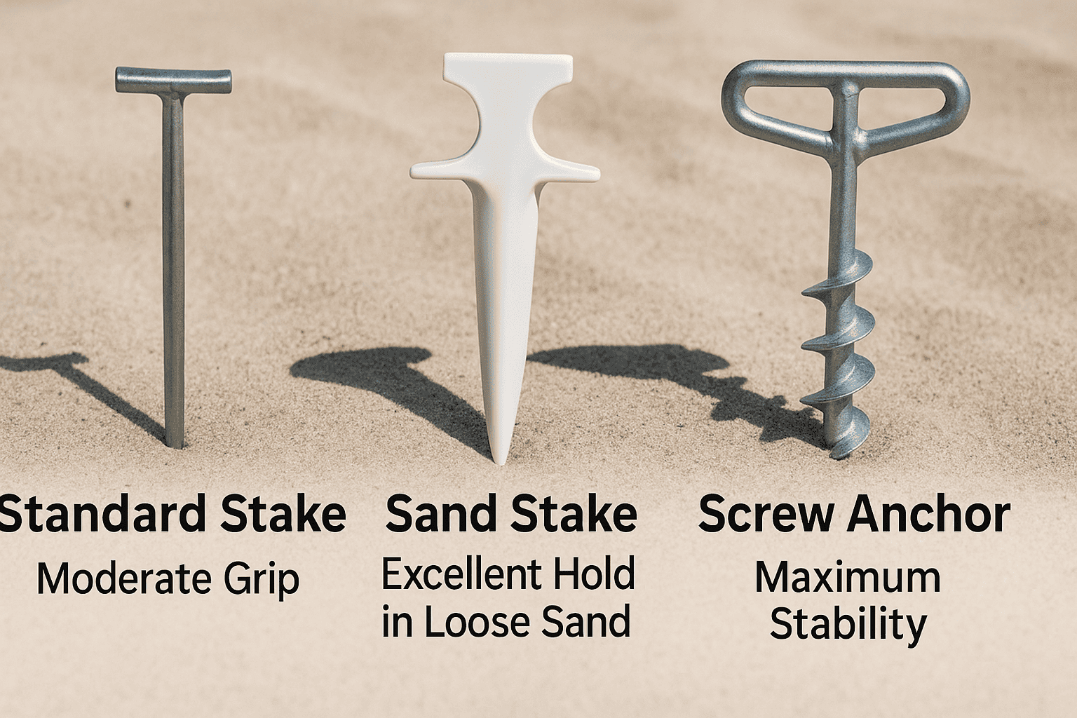 Close up comparison shot showing different types of beach tent anchors standard stake sand stake screw anchor