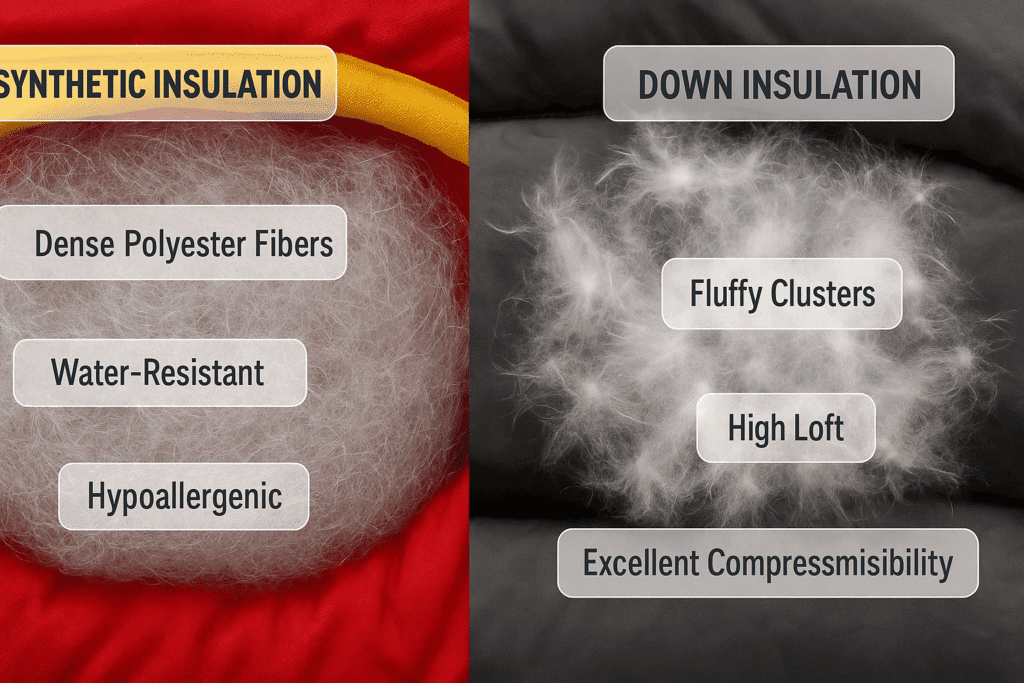 Close-up comparison showing synthetic insulation in a kids' sleeping bag versus down insulation in an adult bag