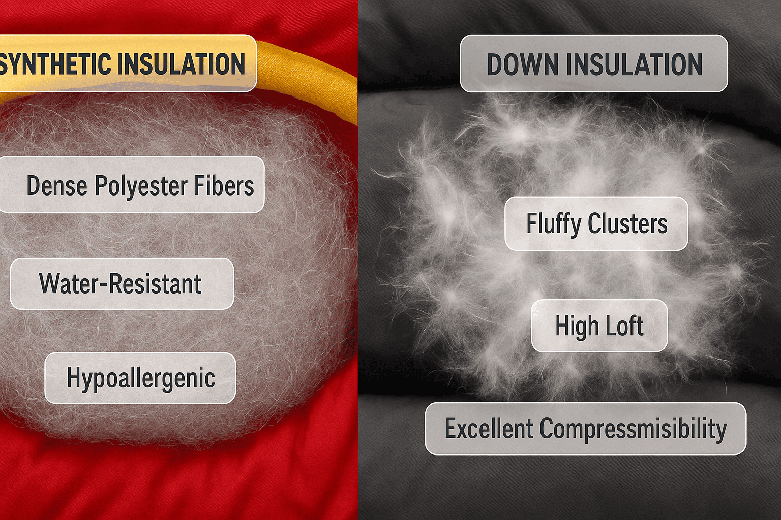 ISO 9001 China Tent Manufacturers: The Hidden Audit Risks 21 Close-up comparison showing synthetic insulation in a kids' sleeping bag versus down insulation in an adult bag