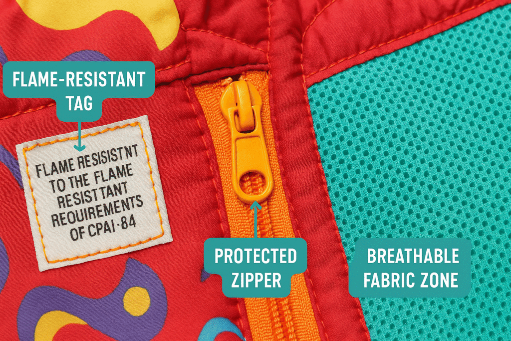 Close-up detail shots of safety features on a kids' sleeping bag with callouts highlighting flame-resistant tags, protected zippers, and breathable fabric zones