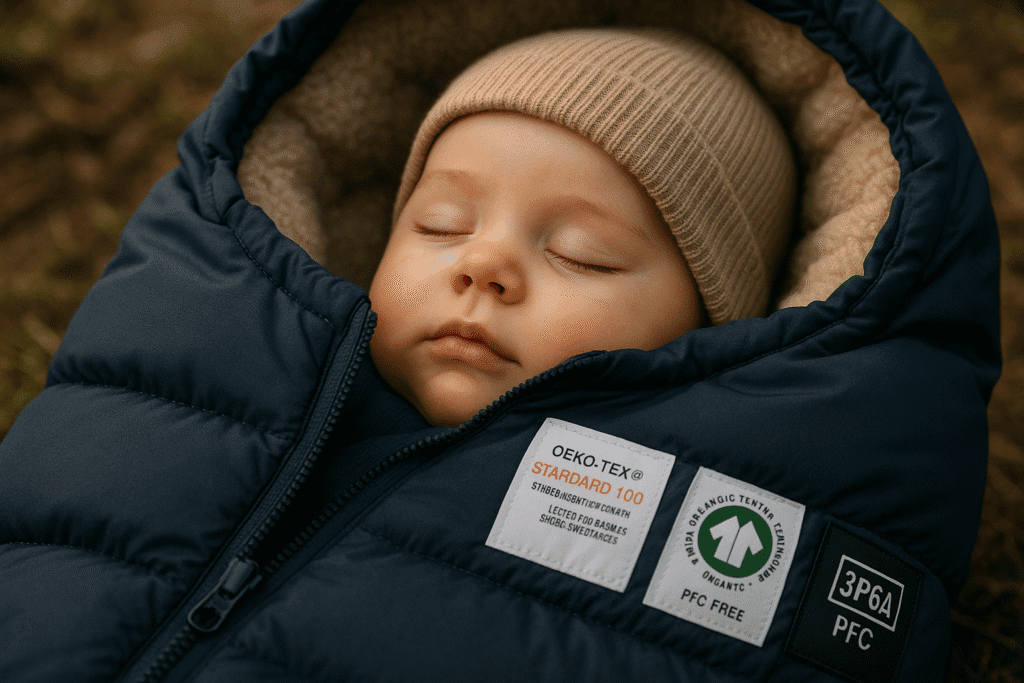 Kids Sleeping Bag Sourcing: Not Just a Shorter Adult Bag 4 Close-up of a baby sleeping safely in an outdoor sleeping bag, with certification labels visible
