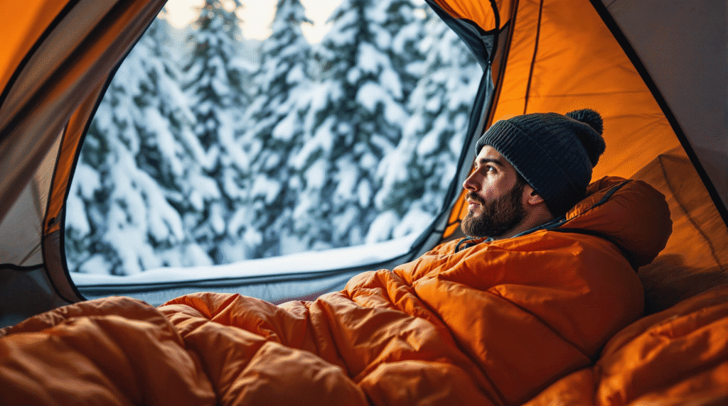 Close-up of a hiker in a mummy bag in snowy terrain