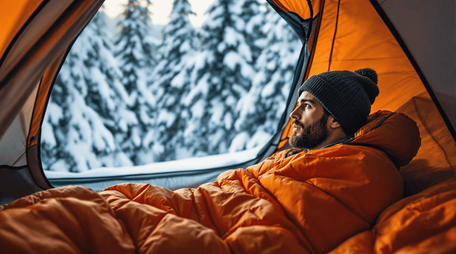 Close up of a hiker in a mummy bag in snowy terrain scaled