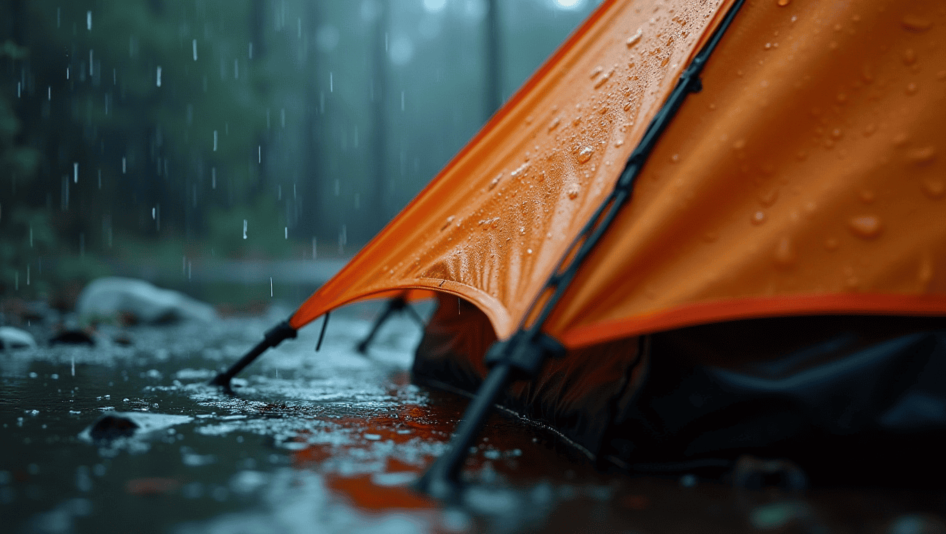 Close-up of a waterproof tent in heavy rain, showcasing beading water on the fabric.