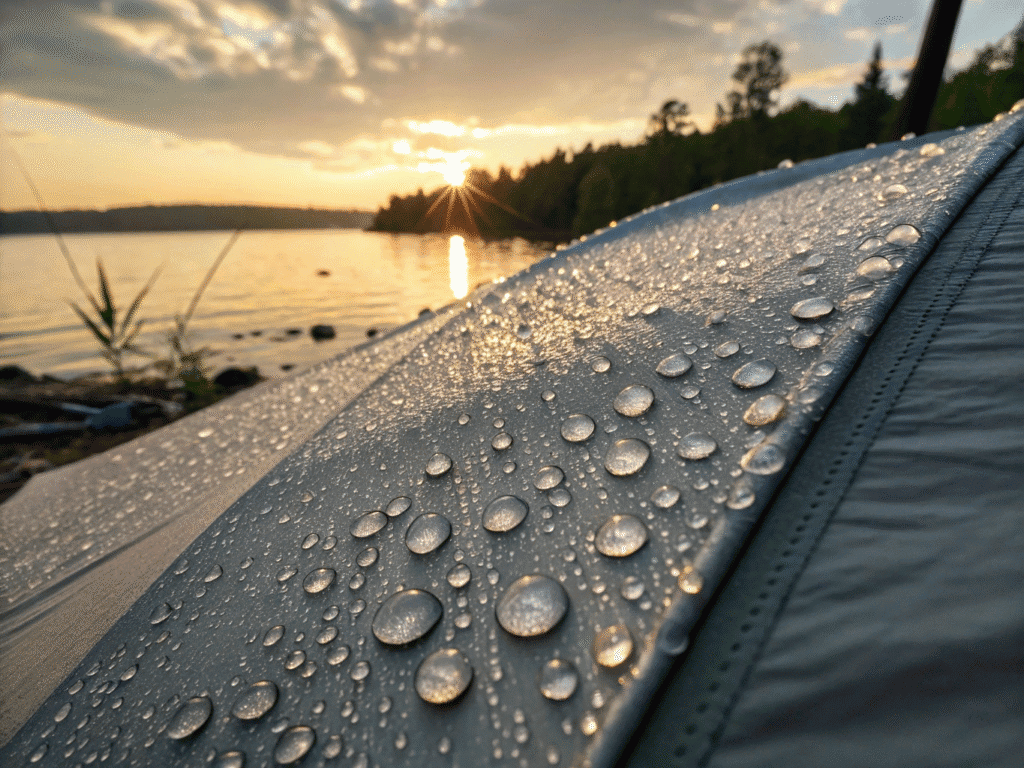 Hot-Melt Seam Taping vs Sewn Seams for Waterproof Tent Durability 4 Close-up of raindrops beading on a high-quality tent fabric