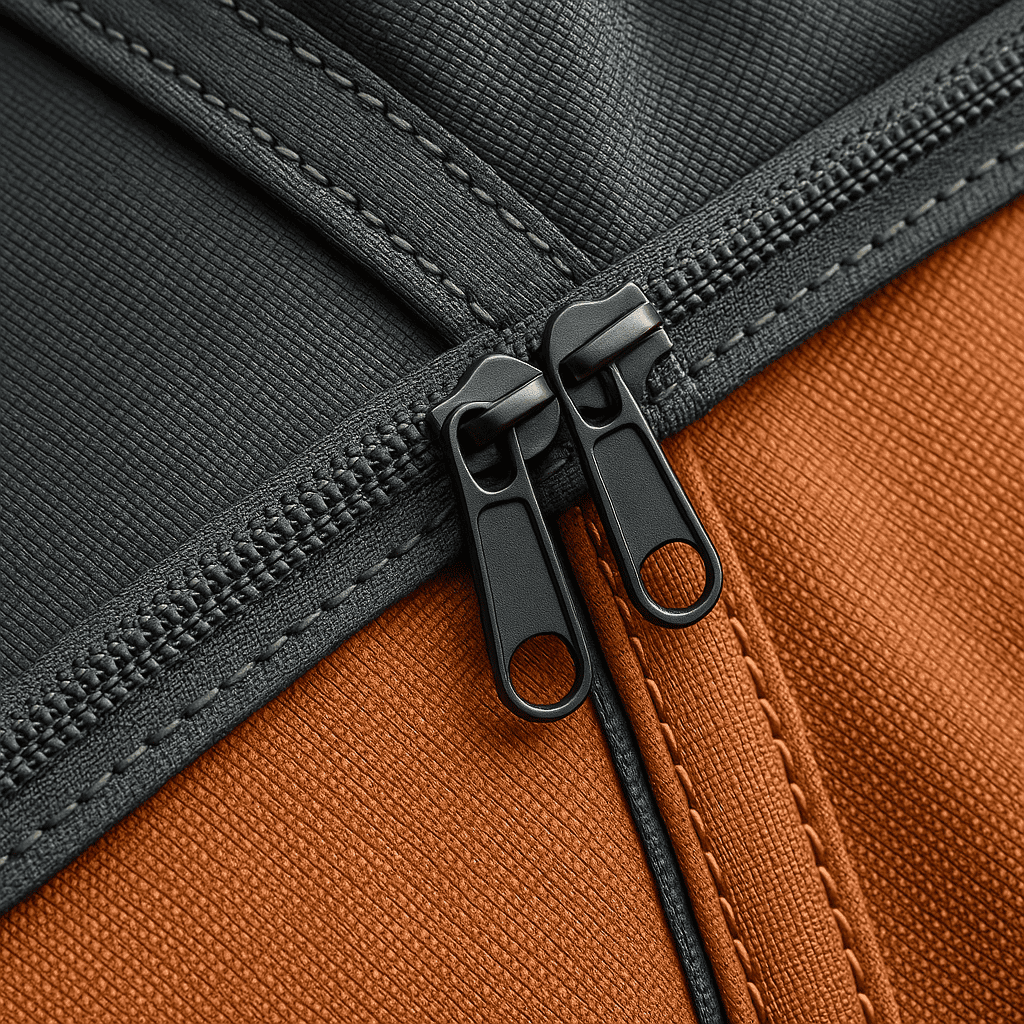 Close-up of tent construction details showing reinforced stitching and durable zippers.