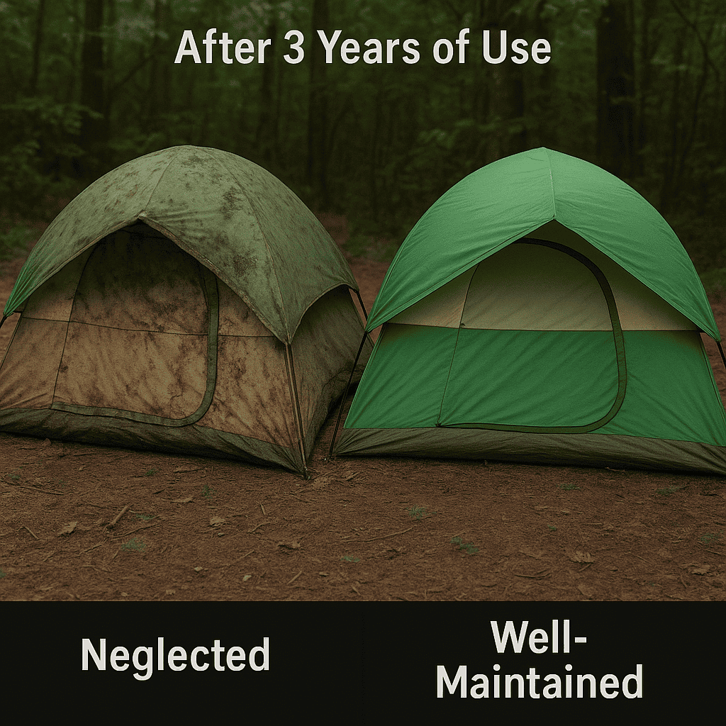 Comparison of well-maintained vs. neglected tents after 3 years of use
