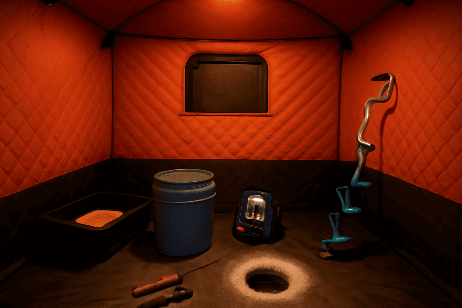 Cozy, well-lit ice fishing tent interior with organized gear