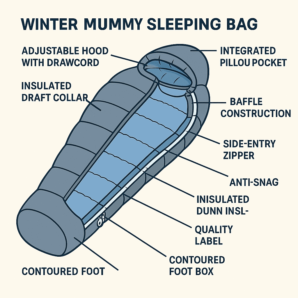 Cutaway diagram showing key features of a winter mummy bag