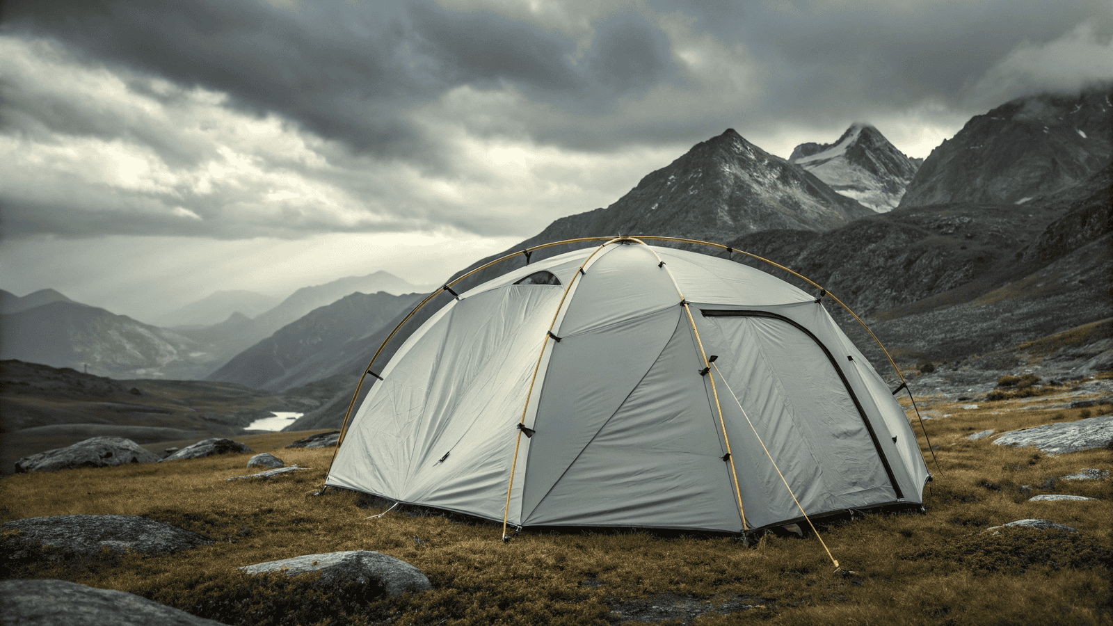 Dome tent standing strong in windy mountain conditions