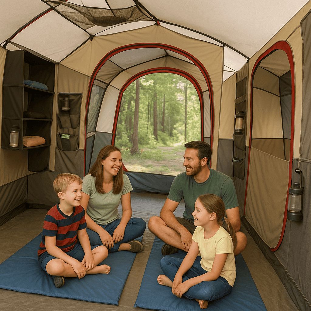 Family enjoying a spacious tent with smart storage solutions and room dividers