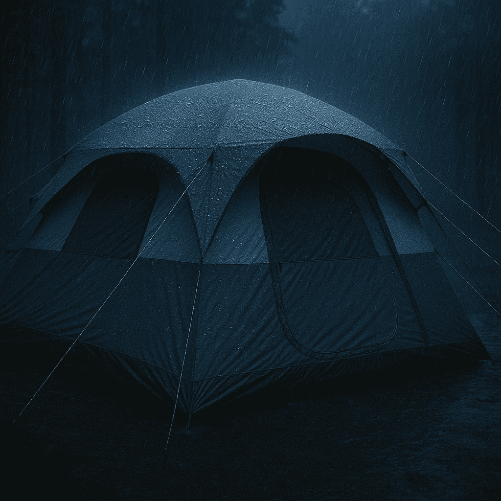 Family tent standing strong in heavy rain, showing beaded water on fly and taut guy lines.