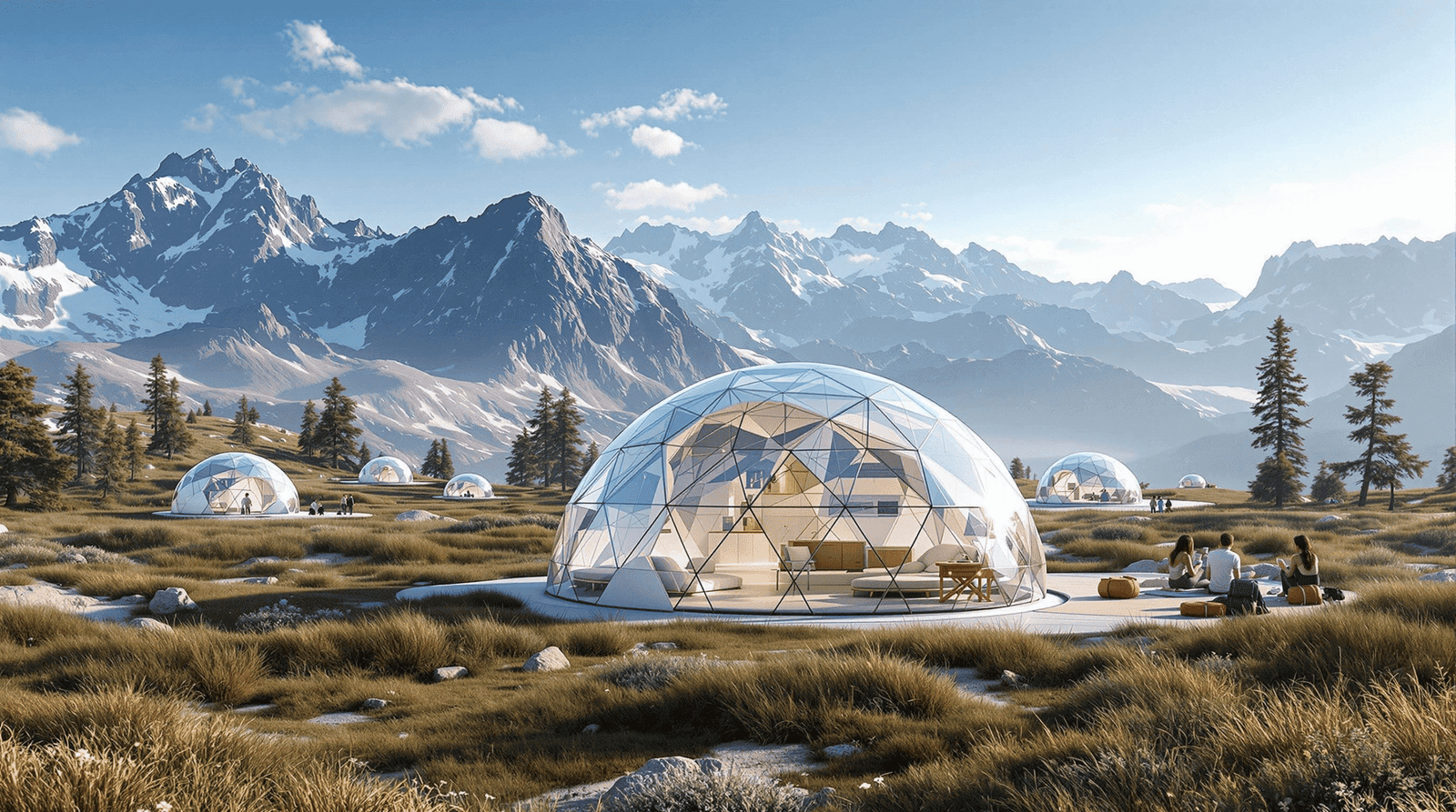 Futuristic concept rendering of smart dome tents in various outdoor settings