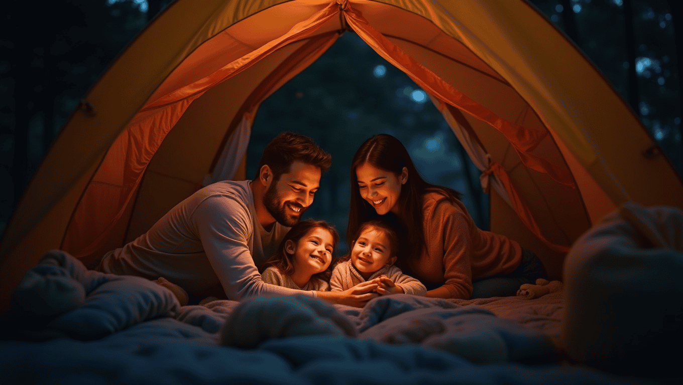 Happy family inside tent showing blackout room divider and glow-in-the-dark zippers visible in dim light.