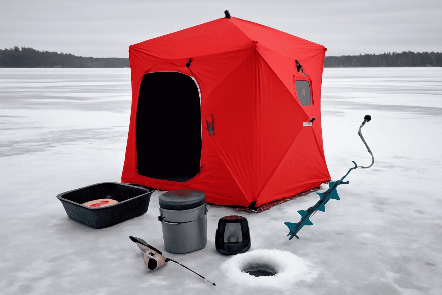 Ice fishing tent setup on a frozen lake with gear laid out