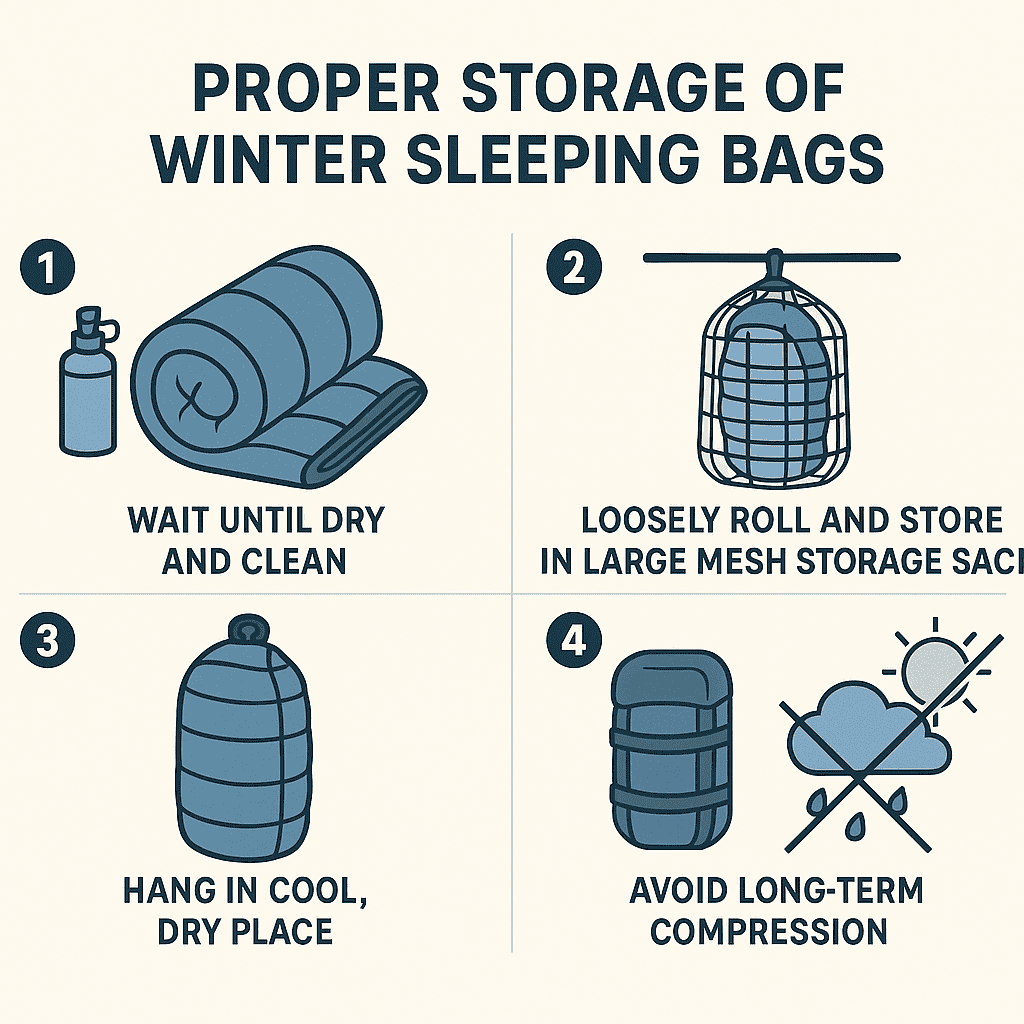 Infographic showing proper storage techniques for winter sleeping bags